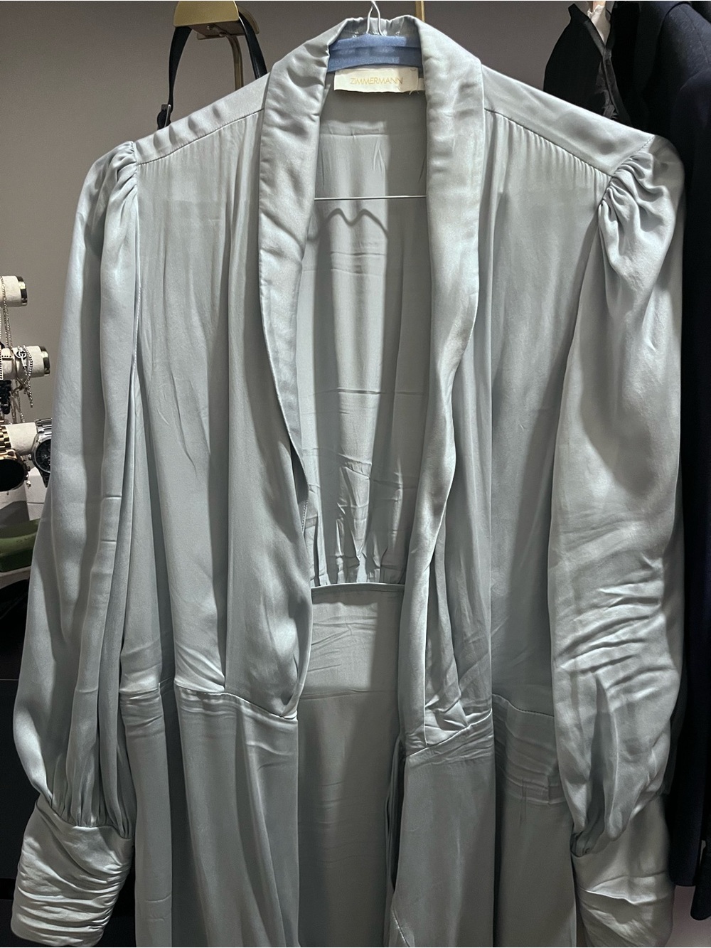 Zimmermann Sky-Blue Satin High-Low Wrap Dress - Picture 7 of 10
